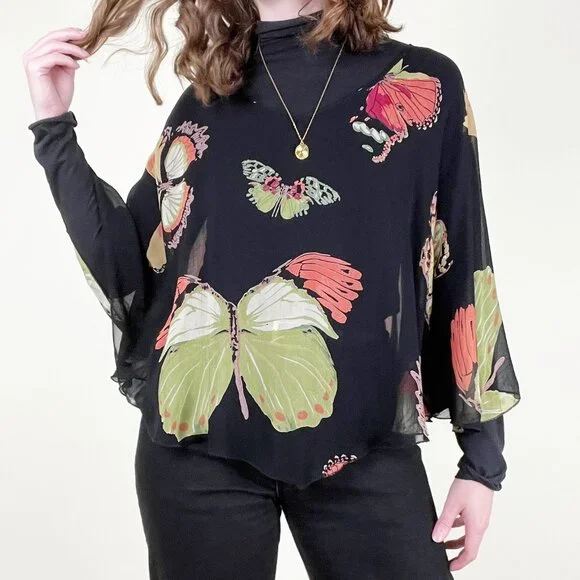 Vintage 90s Y2K Silk Poncho Top Sheer Butterfly Print Whimsical Blouse Tunic 00s - Picture 6 of 6